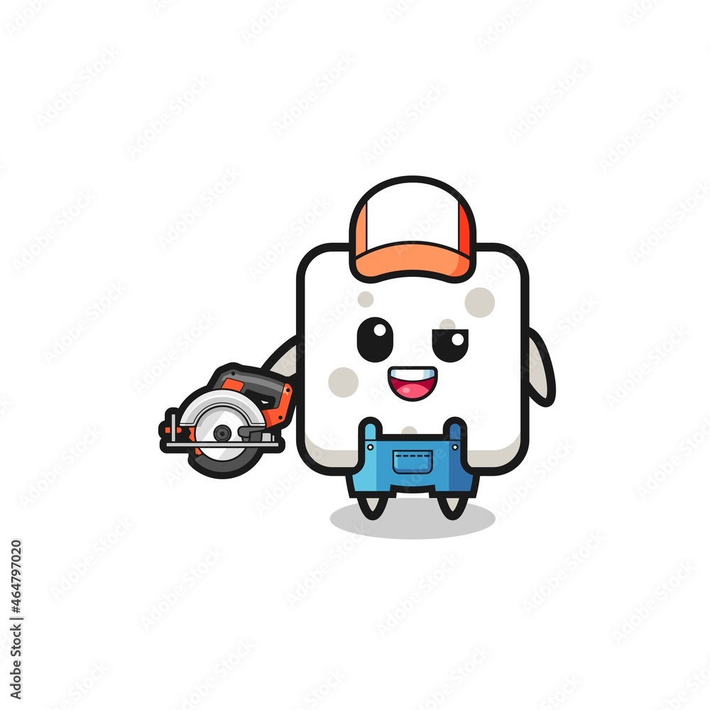 the woodworker sugar cube mascot holding a circular saw the woodworker sugar cube mascot holding a circular saw