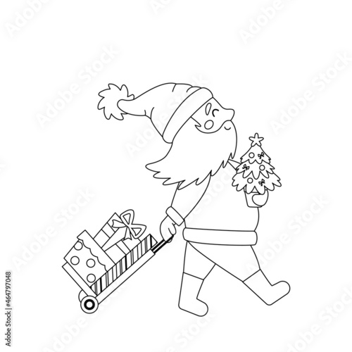 Santa Claus comes with gift trolley pushcart. Christmas holiday greeting coloring page. Vector outline illustration