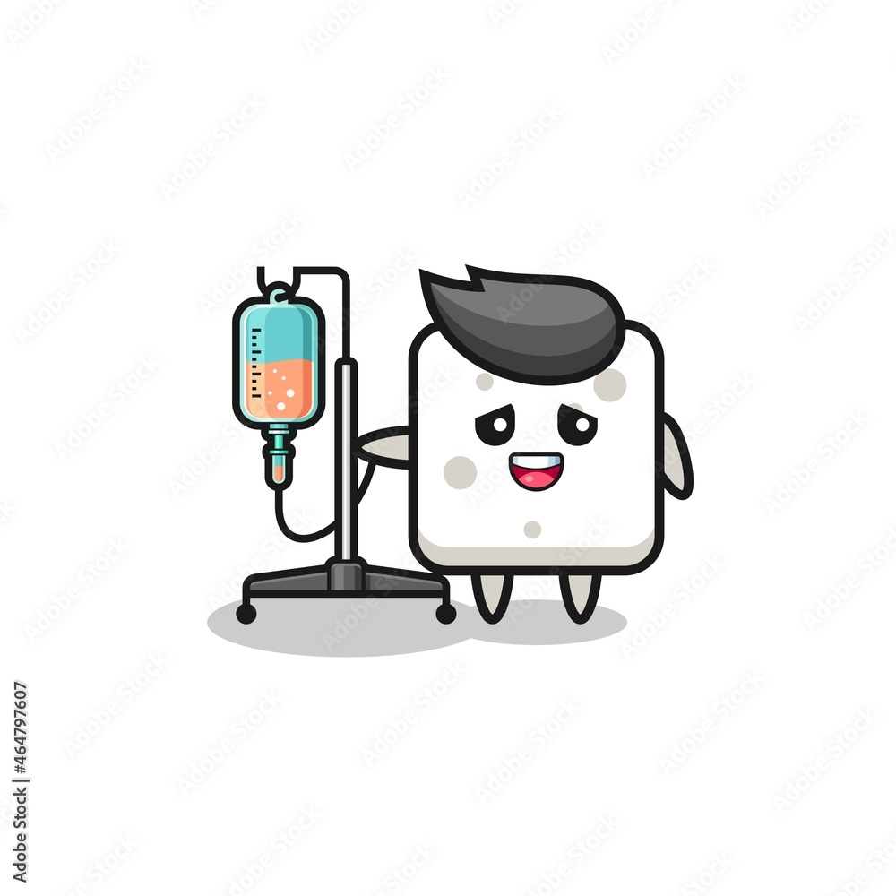 cute sugar cube character standing with infusion pole