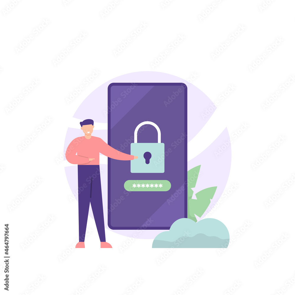 concept of security and protection system. illustration of people, padlocks, passwords, smartphones. mobile security application. People use apps to protect data on their cellphones. flat cartoon concept of security and protection system. illustration of people, padlocks, passwords, smartphones. mobile security application. People use apps to protect data on their cellphones. flat cartoon