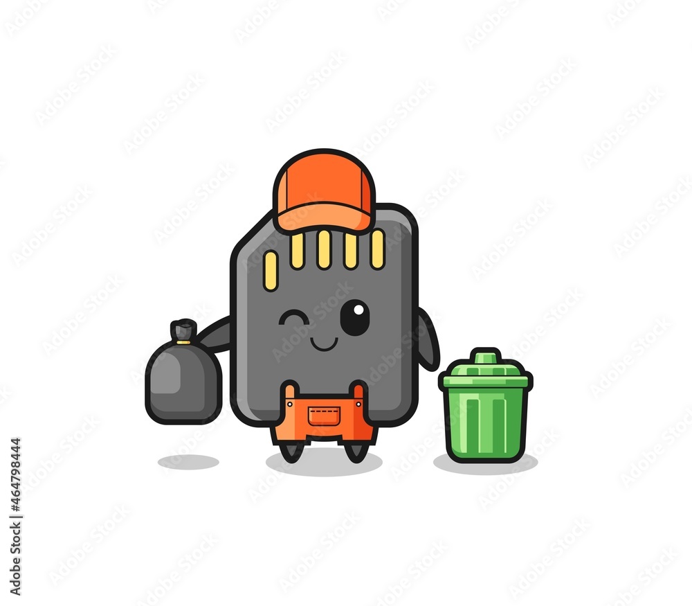 the mascot of cute memory card as garbage collector the mascot of cute memory card as garbage collector