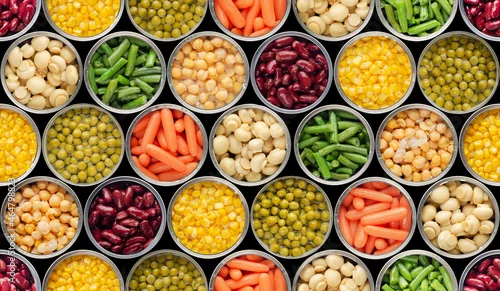 Fototapeta na wymiar Seamless food background made of opened canned food
