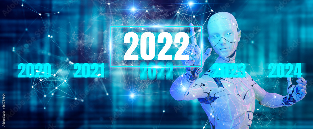 Obraz premium 2022 New year hand pointing 3D humanoid robot, future futuristic AI artificial intelligence industry automated digital world metaverse technology concept