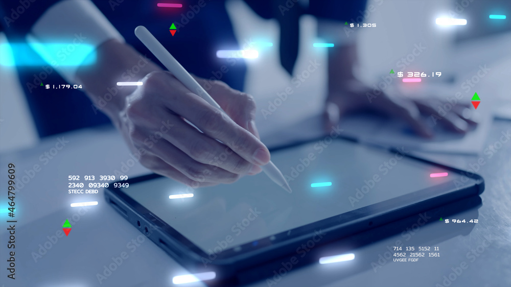 Smart businessman hand close up NFT financial data on tablet futuristic stock chart graphic, Business investor stock exchange market and crypto currency digital technology data analytics Smart businessman hand close up NFT financial data on tablet futuristic stock chart graphic, Business investor stock exchange market and crypto currency digital technology data analytics