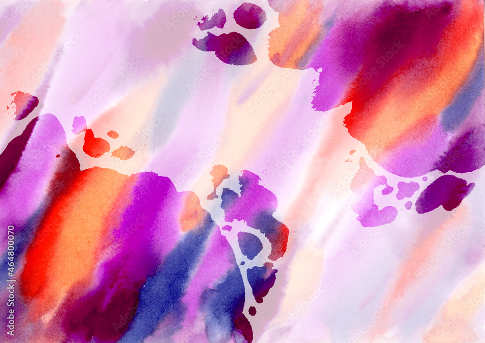 Multicolored Watercolor Stains hand drawn abstract Background. Orange, pink, lilac, violet and purple diagonal Stain colorful Spots and Splashes Blobs texture. center light and bottom dark Backgrounds - obrazy, fototapety, plakaty 