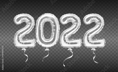 2022 silver decoration holiday on transparent background. Silver foil balloons numeral 2022. Realistic 3d vector illustration