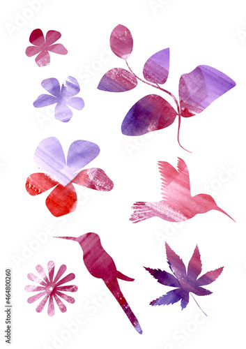 Artistic abstract set Watercolor multicolor bird and floral elements in wedding theme on a white background. Watercolour Doodle and scribble colorful silhouette leaf  flower and hummingbird with