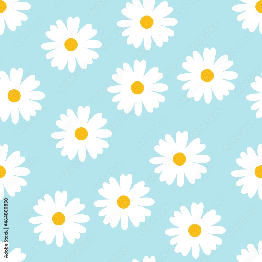 Chamomile seamless pattern against blue background. Floral print with white flowers. Vector background for trendy fabrics, wallpapers.