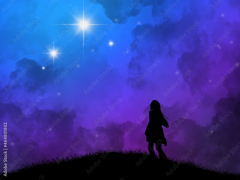 A woman with long hair walked to the top of the mountain and looked up at the stars in the sky.  An illustration created on a tablet is used as a background.