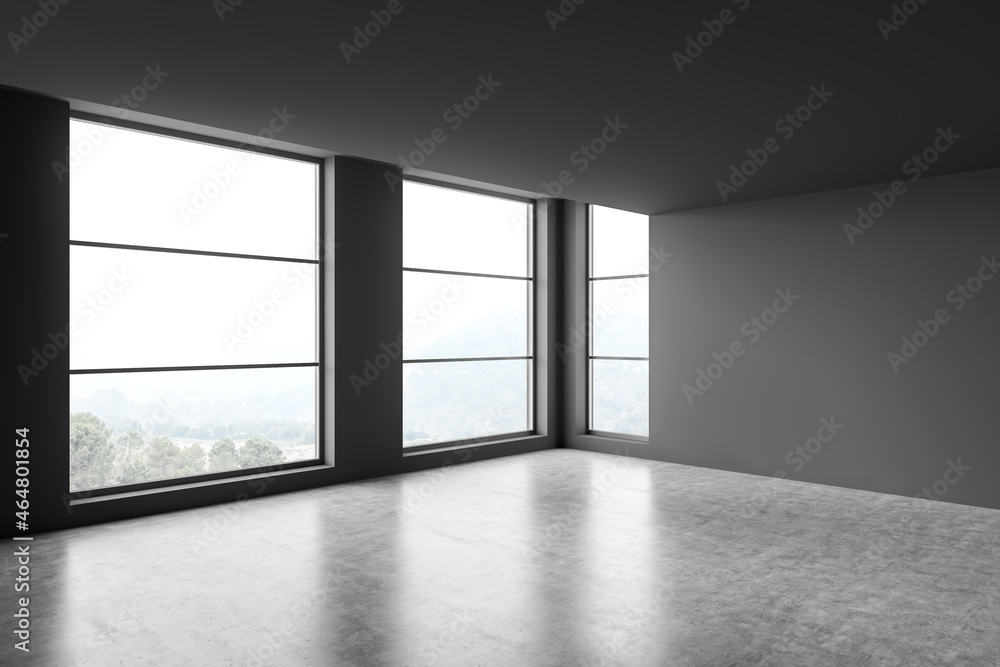 Fototapeta premium Dark empty living room interior with windows and no furniture, mockup