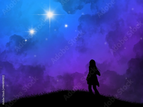 A woman with long hair walked to the top of the mountain and looked up at the stars in the sky. An illustration created on a tablet is used as a background.