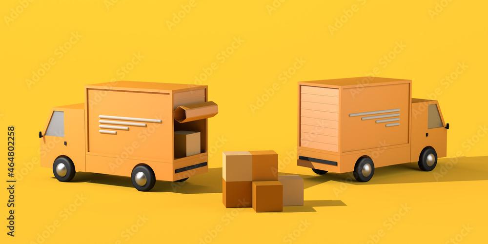 Delivery concept with trucks loading boxes. Logistics. Copy space. 3D illustration. Delivery concept with trucks loading boxes. Logistics. Copy space. 3D illustration.