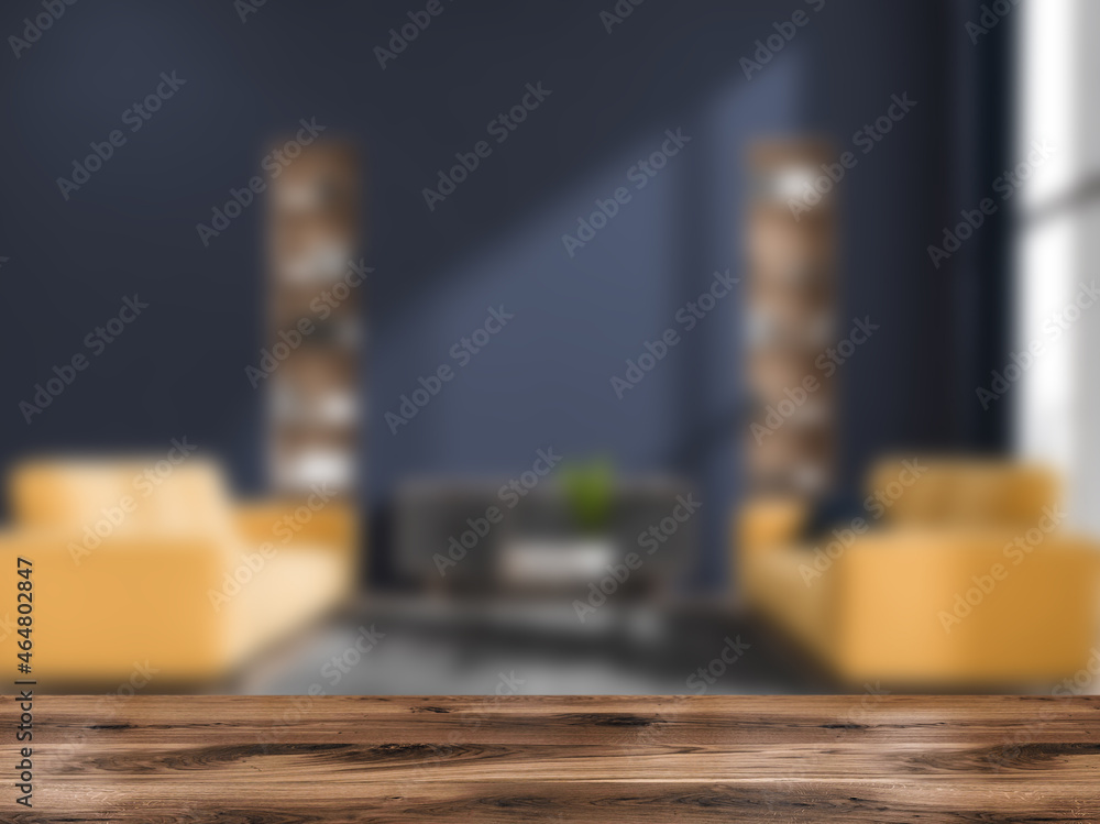 Obraz premium Table for product display with background blur yellow and blue living room