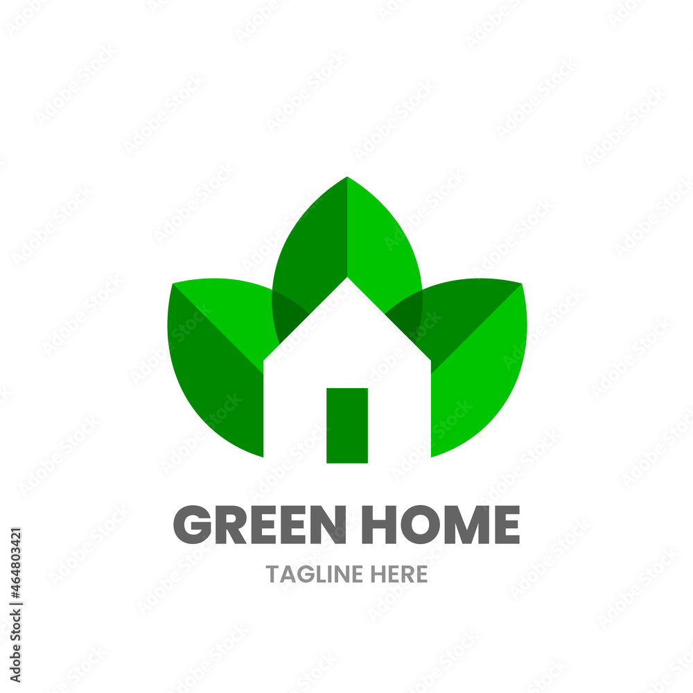 Green House logo design template. Abstract home with leaves. Stock vector illustration.