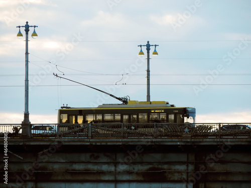  Trolleybus crossing Paton`s bridge in Kyiv early in the morning