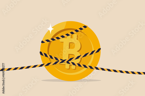 Bitcoin crypto currency banned, government monetary policy, Cryptocurrency crash or digital crime investigation concept, precious high value bitcoin wrap with investigation crime scene yellow tape.