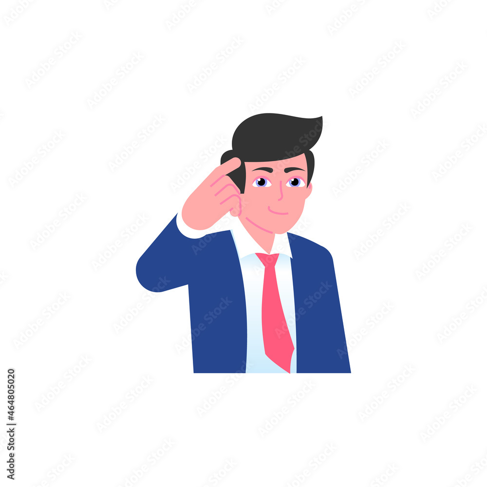 Smiling businessman points finger to his temple. Think about it, creative solution concept. Male emoji character with different emotion and gesturing. Vector illustration isolated on white background