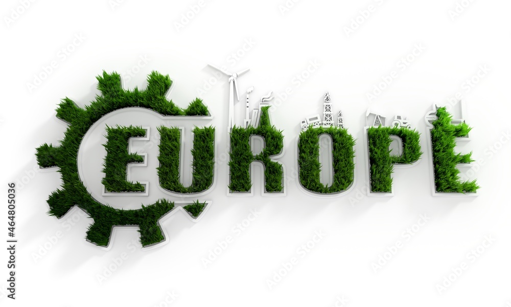 Europe word with industrial icons and green grass Europe word with industrial icons and green grass