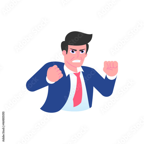 Angry annoyed businessman with clenched fists. Aggressive mood, toxic communication concept. Male emoji character with different emotion and gesturing. Vector illustration isolated on white background