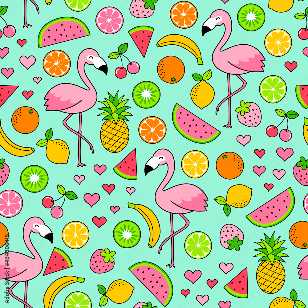 Fototapeta premium Colorful hand drawn flamingo and tropical fruits seamless pattern. Summer holidays illustration background.