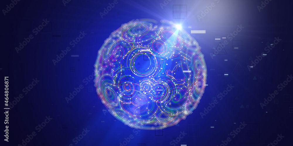 Abstract background with chaotic radial  lines connecting dots of sphere on dark blue. Analytics algorithms data. Quantum cryptography concept. Banner for business, science and technology.