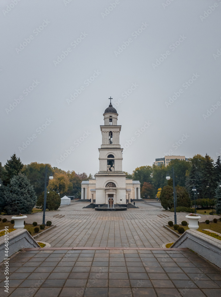 The bell tower near the Metropolitan Cathedral Nativity of the Lord in Chisinau, Moldova. Historical and architectural landmark of the capital city