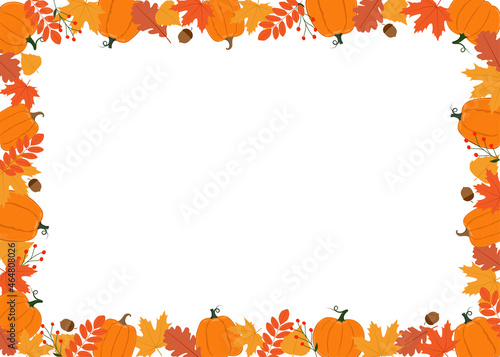 Horizontal Autumn frame. Pumpkins, leaves, berries and acorns. Background for autumn decorative design