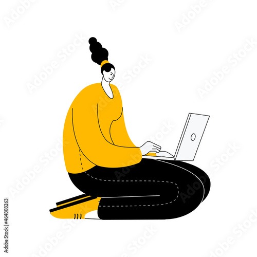 A woman is sitting with a laptop. Vector illustration in outline style on the topic of computer work and freelancing.