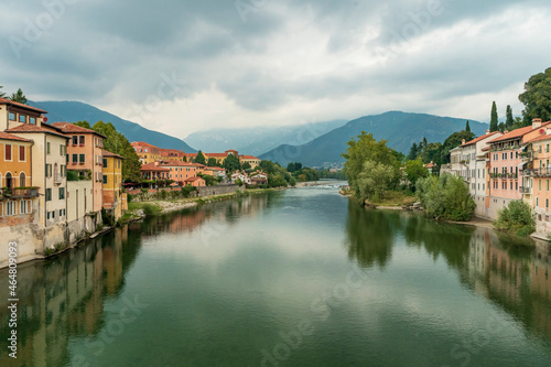 River Brenta seen from the Alpini's Bridge, or "Old bridge", in Bassano del Grappa, Veneto region, Italy