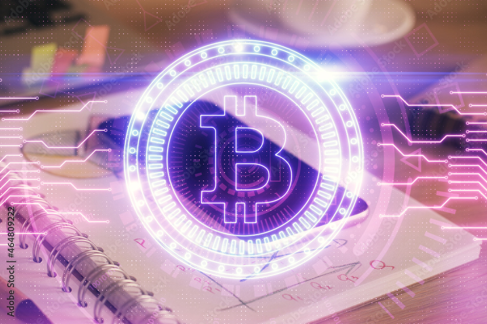Double exposure of blockchain theme drawing and cell phone background. Concept of cryptomarket Double exposure of blockchain theme drawing and cell phone background. Concept of cryptomarket