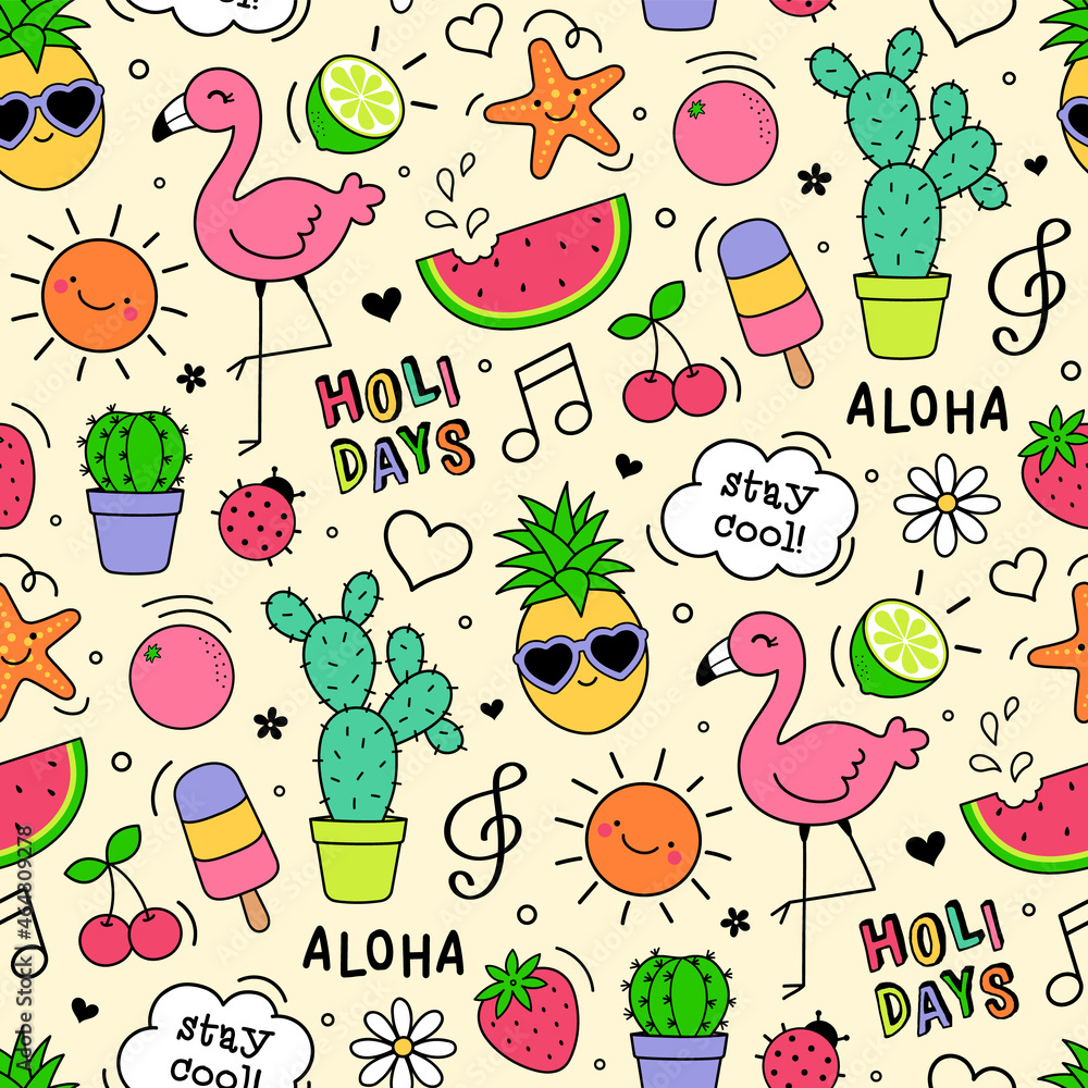 Colorful cute hand drawn summer element seamless pattern background ...