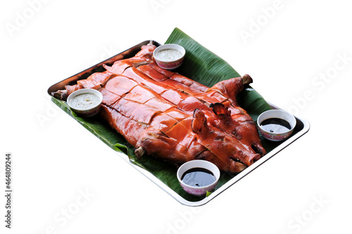 Chinese style barbecued suckling pig serve on tray isolated on white