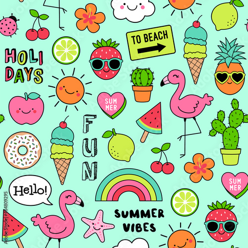 Colorful cute hand drawn summer element seamless pattern background.