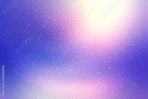 Wonderful snowy blue sky defocus background with pink bright glow on top. Cool winter holidays illustration. 