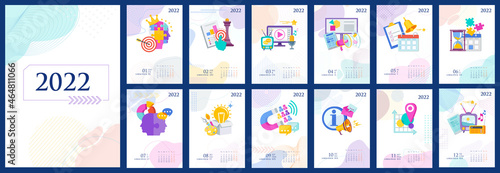 2022 annual calendar template with marketing infographic icons.