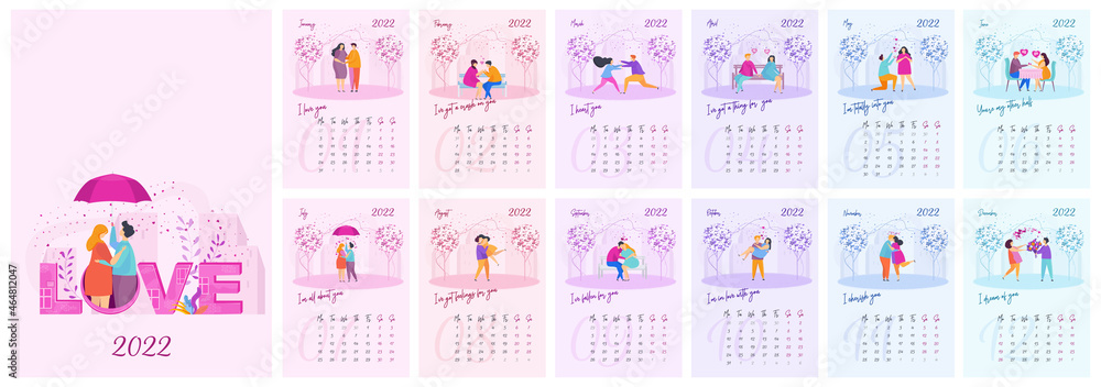 2022 annual calendar with heterosexual couple in love.