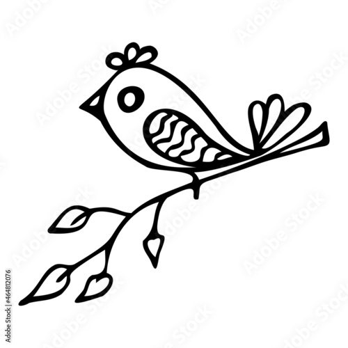 Stylized decorative bird on a branch, doodle illustration.