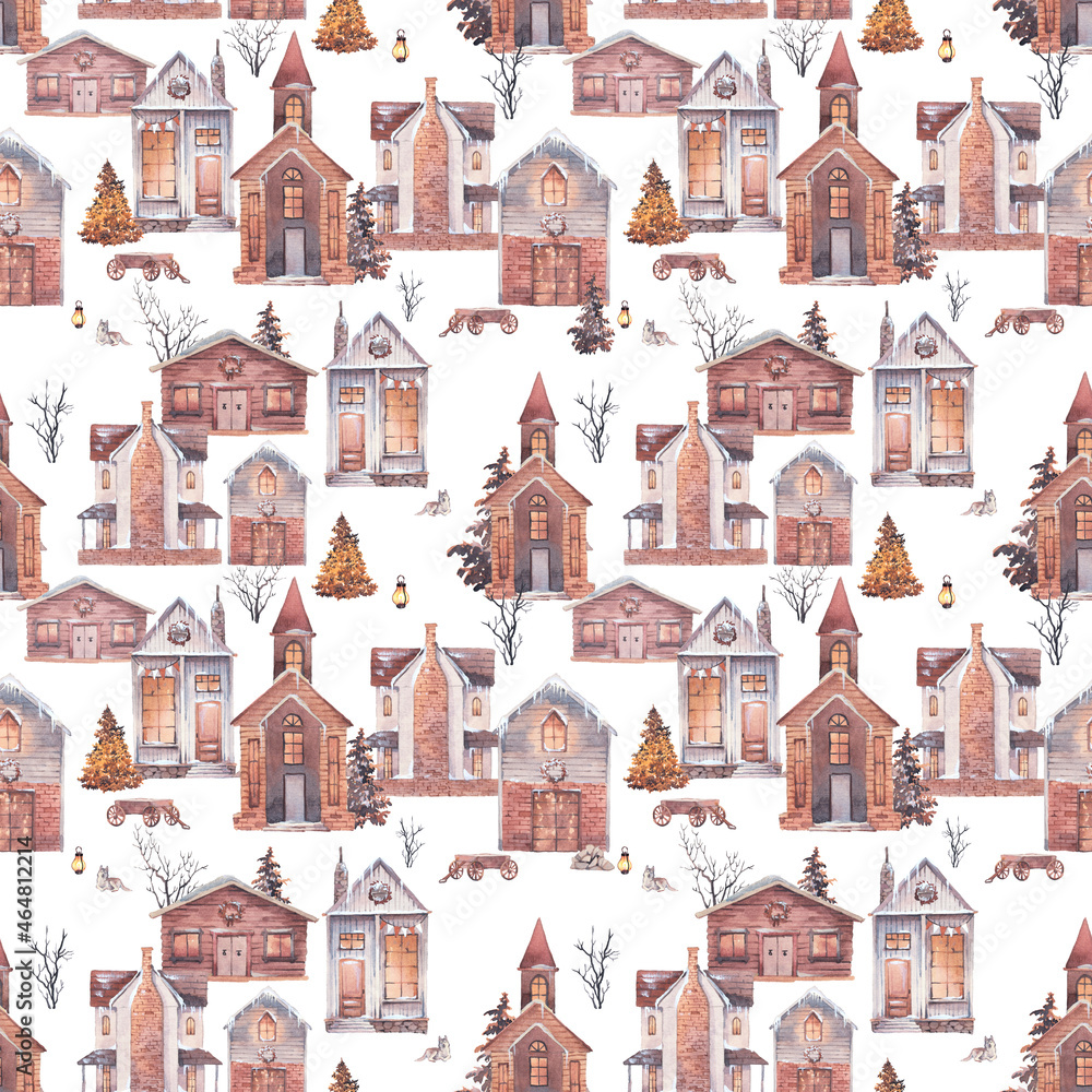 Watercolor Christmas town ornament. Seamless pattern with winter houses and trees. Cozy holiday surface design