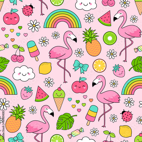 Cute flamingo cartoon and doodle tropical elements seamless pattern with pink background