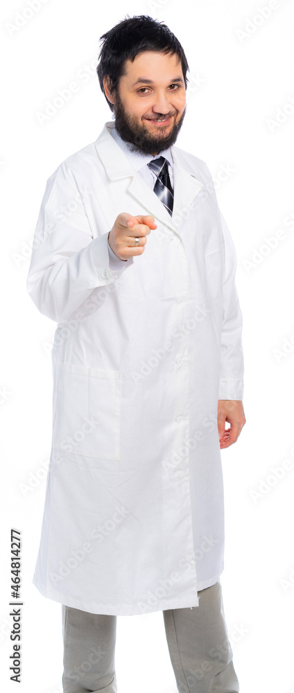 the doctor looks at us cheerfully and kindly and points his finger. Are you with us. isolated. White background the doctor looks at us cheerfully and kindly and points his finger. Are you with us. isolated. White background