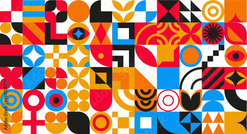Bauhaus geometric design with eyes elements. Primitive modern shapes and forms. Vector interior posters, covers, banners.