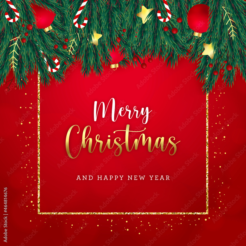 Christmas greetings card with fir-tree decorations and golden glitter