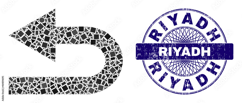 Geometric mosaic turn left, and Riyadh dirty stamp seal. Blue stamp seal contains Riyadh tag inside round shape. Vector turn left mosaic is formed from scattered spheric, triangle, rectangular items. Geometric mosaic turn left, and Riyadh dirty stamp seal. Blue stamp seal contains Riyadh tag inside round shape. Vector turn left mosaic is formed from scattered spheric, triangle, rectangular items.