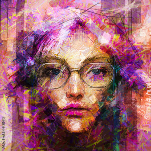 Oil or acrylic paint on canvas texture. Abstract color portrait of young woman. Modern art  oil painting colorful female face. Illustration artwork paint design for background  Impressionism style