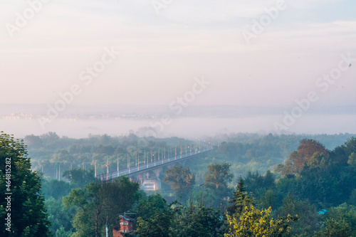 morning foggy landscape in the city park  the city of Vladimir                                                                          