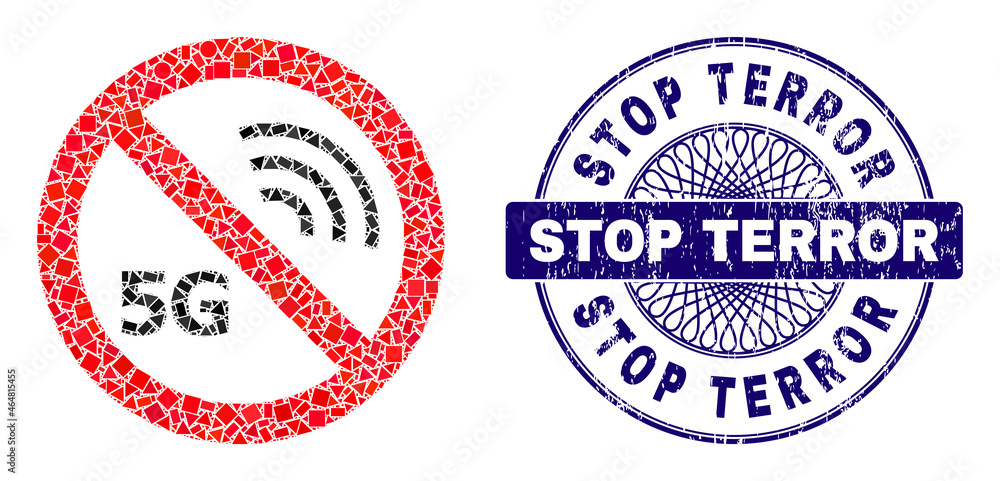 Geometric collage stop 5G, and Stop Terror grunge stamp seal. Violet stamp seal has Stop Terror title inside round shape. Vector stop 5G collage is formed from scattered spheric, triangle, Geometric collage stop 5G, and Stop Terror grunge stamp seal. Violet stamp seal has Stop Terror title inside round shape. Vector stop 5G collage is formed from scattered spheric, triangle,