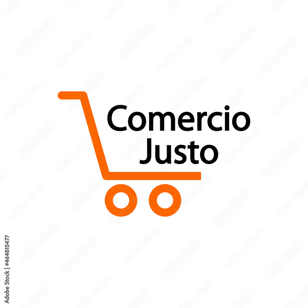 Logotipo con texto Comercio Justo en español con silueta de carrito de la compra con lineas en color naranja y negro