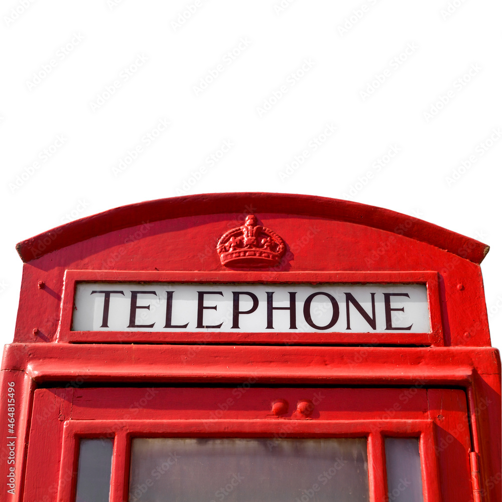 Red telephone booth in London, telephone box close-up isolated on white, copy space Red telephone booth in London, telephone box close-up isolated on white, copy space