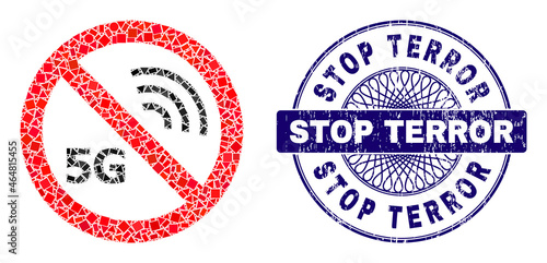 Geometric collage stop 5G, and Stop Terror grunge stamp seal. Violet stamp seal has Stop Terror title inside round shape. Vector stop 5G collage is formed from scattered spheric, triangle,