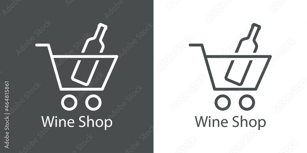 Banner con texto Wine Shop con silueta de botella de vino en carrito de la compra con líneas en fondo gris y fondo blanco Banner con texto Wine Shop con silueta de botella de vino en carrito de la compra con líneas en fondo gris y fondo blanco